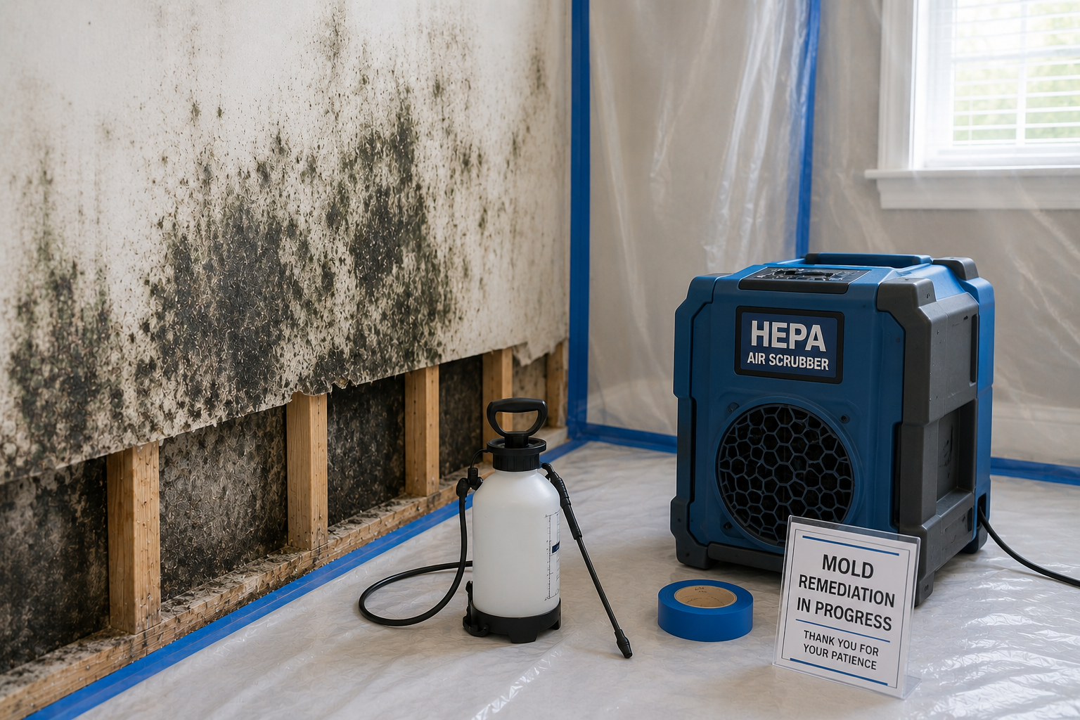 Containment setup and HEPA equipment beside visible mold damage inside a room