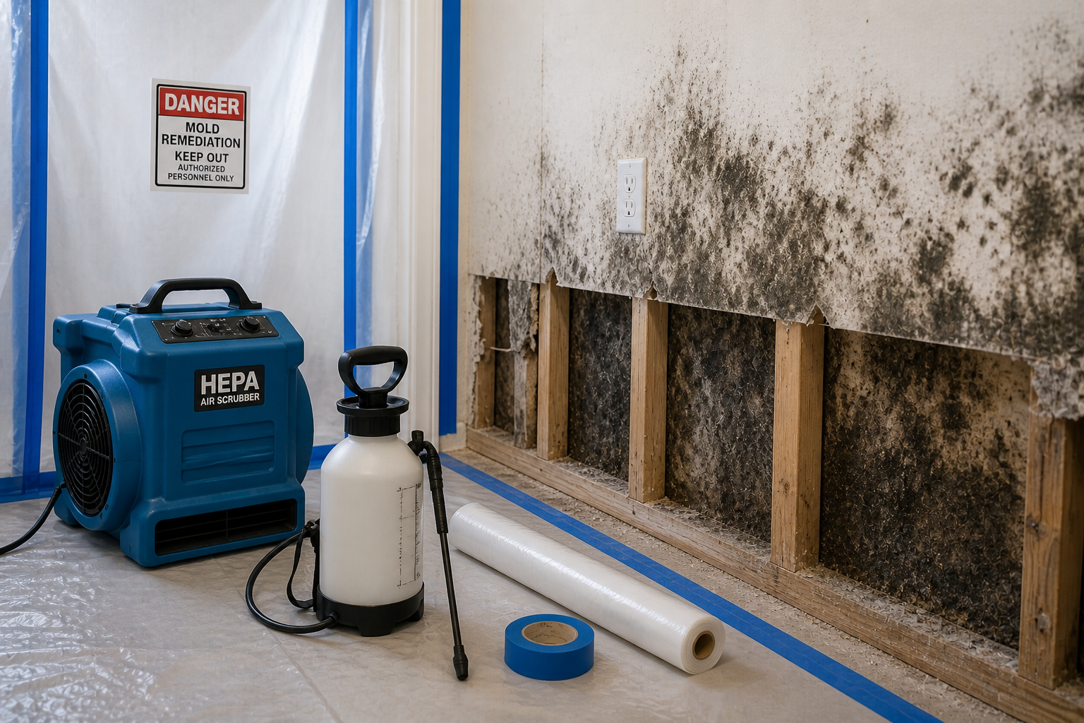 Open wall with visible mold damage and remediation equipment