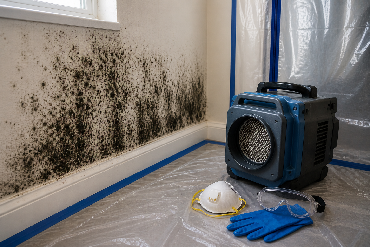 HEPA air scrubber and protective gear beside a wall with heavy mold growth