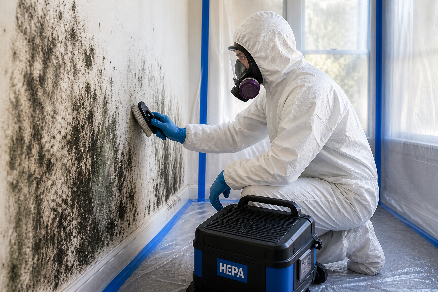 Technician cleaning heavy mold growth from an interior wall